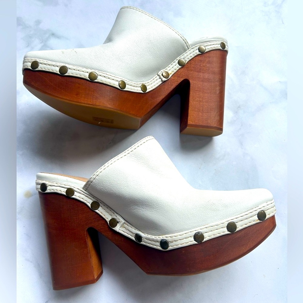 EUC Jacquemus Studded White Leather and Wooden Platform Clog Mule Shoes, Size 39